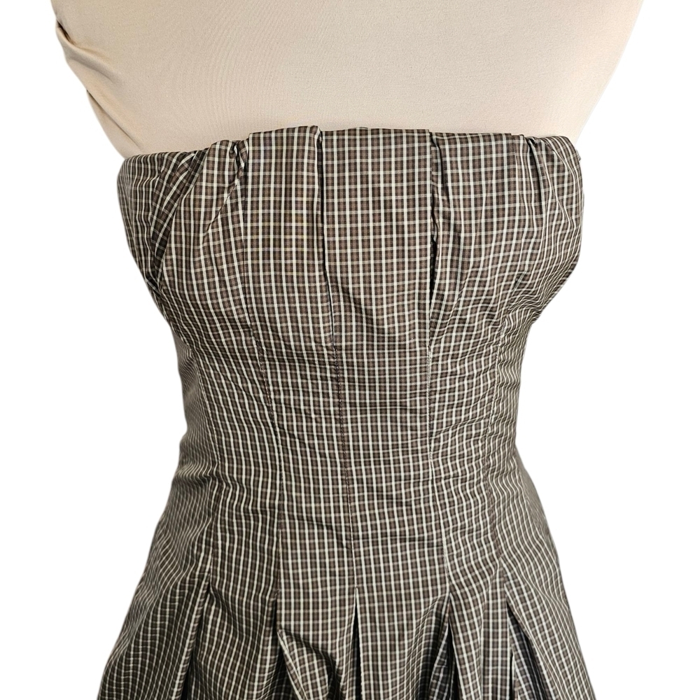 BCBGMaxAzria Brown Strapless Pleated Plaid Cocktail Dress Sz 2 - Picture 2 of 12